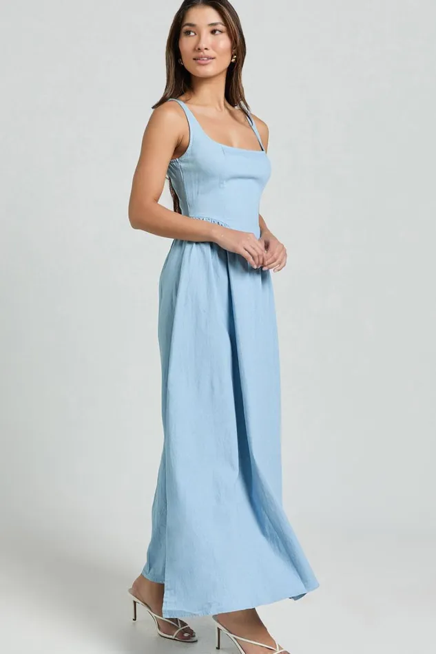 Rhaziya Midi Dress 8211 Sleeveless Straight Neck Fit And Flare Dress In Blue Women Showpo Conscious