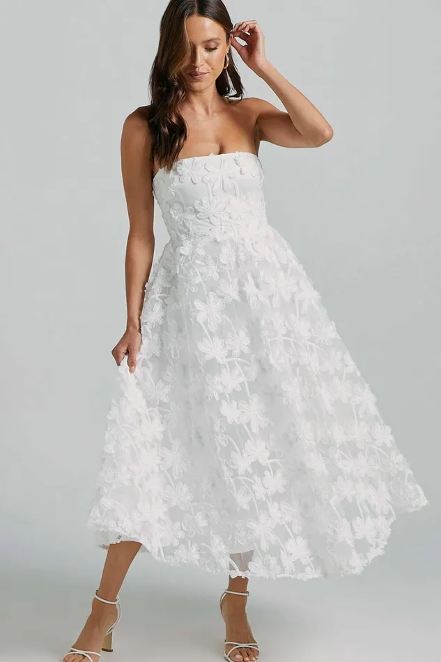 Rheiva Midi Dress 8211 Strapless 3D Embroidery Midi Dress In White Women Showpo Dresses