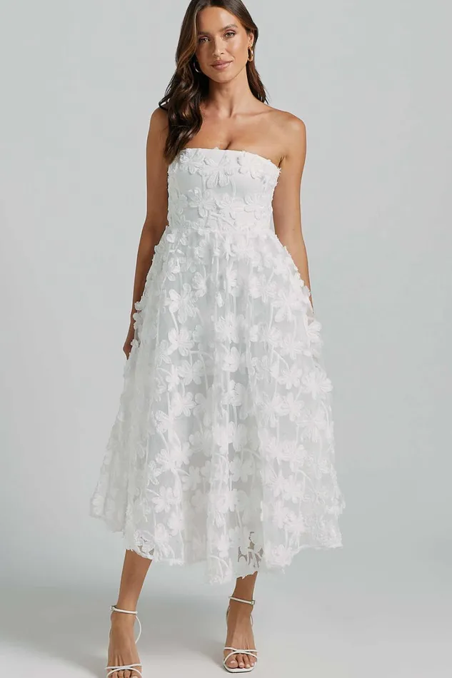 Rheiva Midi Dress 8211 Strapless 3D Embroidery Midi Dress In White Women Showpo Dresses