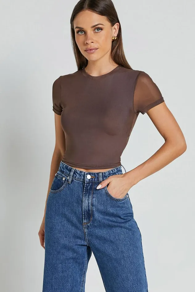 Rhianna Top 8211 Short Sleeve Mesh Crop Top In Brown Women Showpo Tops