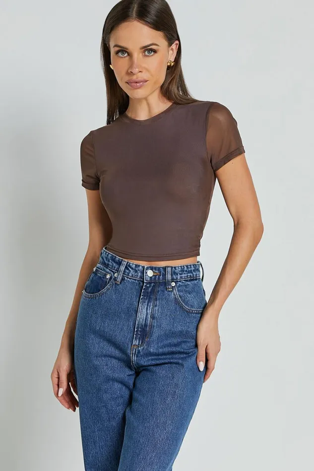 Rhianna Top 8211 Short Sleeve Mesh Crop Top In Brown Women Showpo Tops