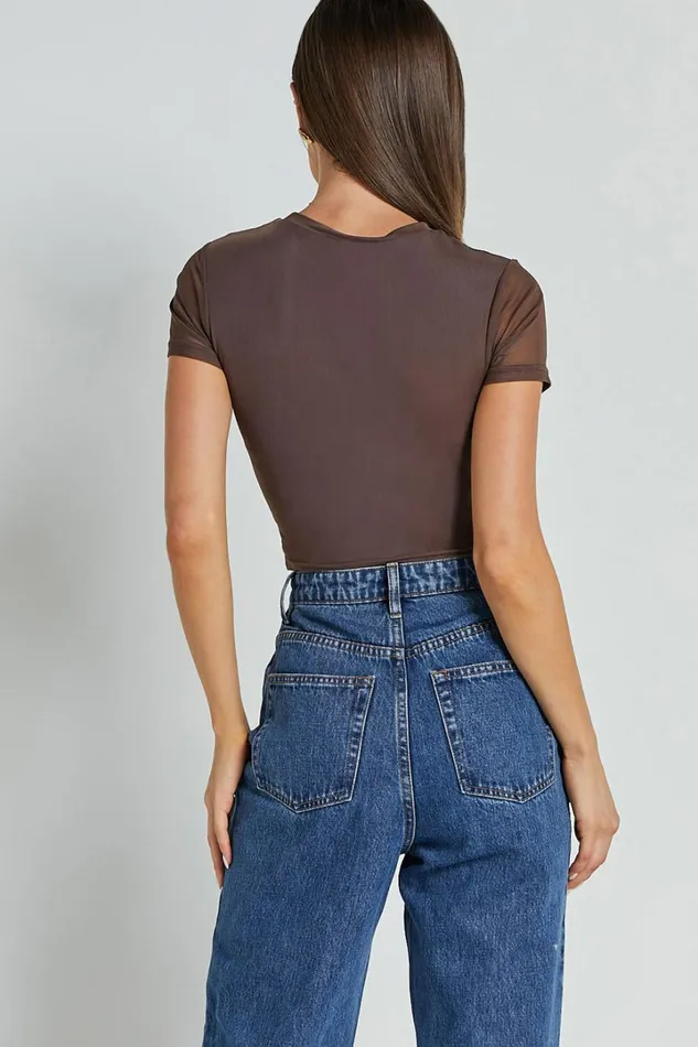 Rhianna Top 8211 Short Sleeve Mesh Crop Top In Brown Women Showpo Tops