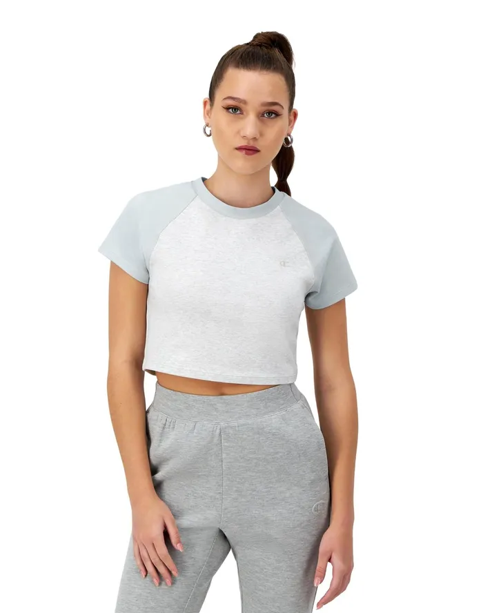 Ringer TShirt Cropped Colorblocked C Logo Silver Greycrisp Morning Blue Women Champion TShirts and Tops Ringer TShirt Cropped Colorblocked C Logo Silver Greycrisp Morning Blue Women Champion TShirts and Tops