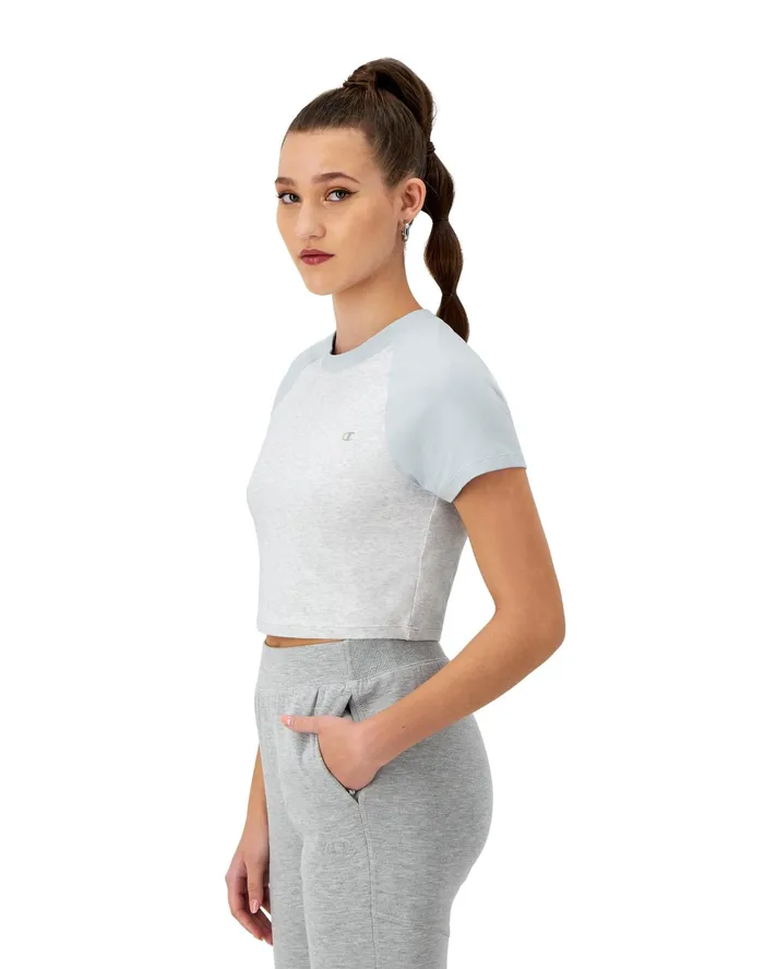 Ringer TShirt Cropped Colorblocked C Logo Silver Greycrisp Morning Blue Women Champion TShirts and Tops