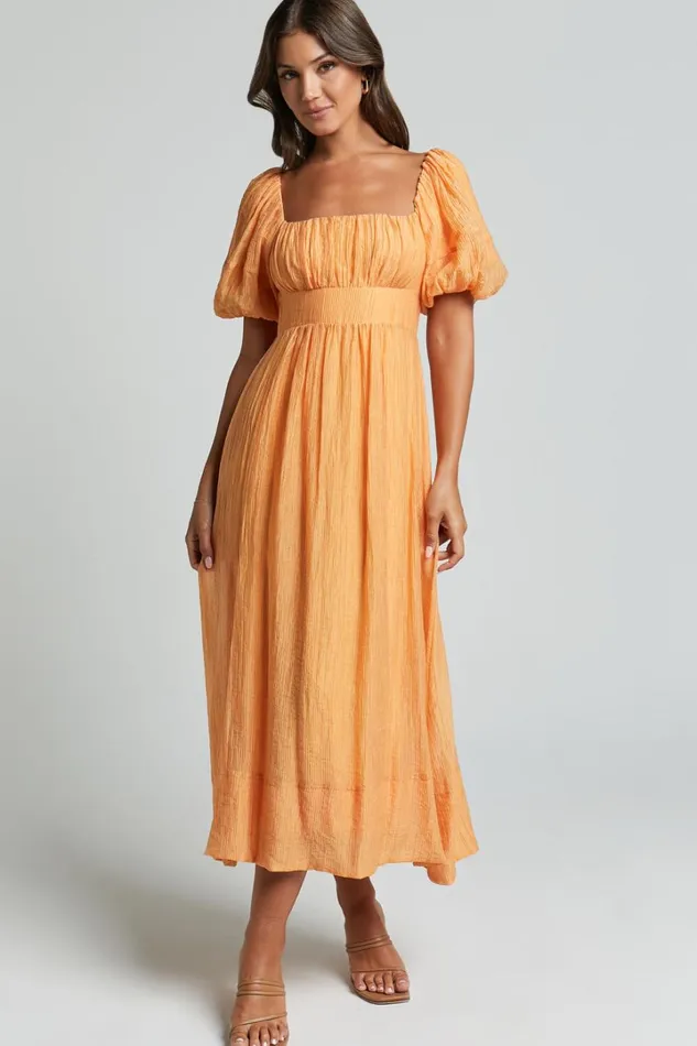 Roshina Midi Dress 8211 Straight Neck Puff Sleeve Dress In Orange Women Showpo Dresses
