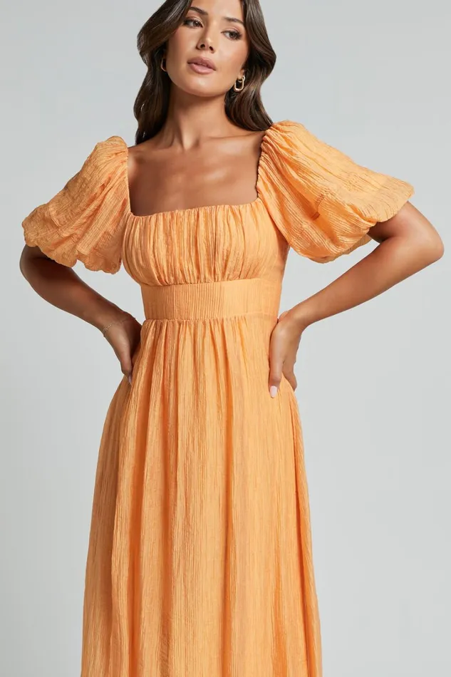 Roshina Midi Dress 8211 Straight Neck Puff Sleeve Dress In Orange Women Showpo Dresses