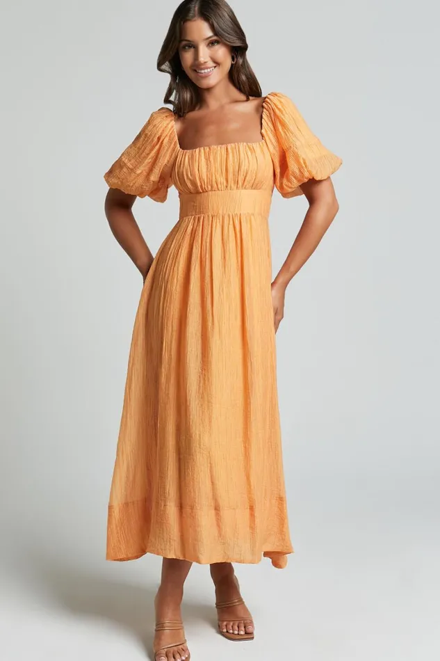 Roshina Midi Dress 8211 Straight Neck Puff Sleeve Dress In Orange Women Showpo Dresses