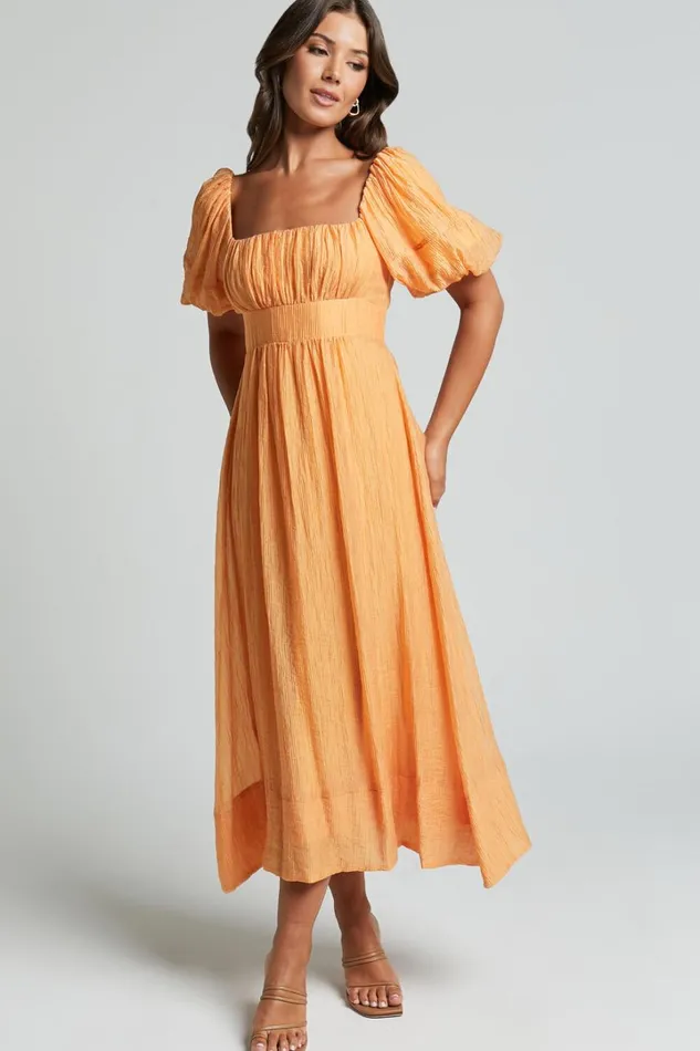 Roshina Midi Dress 8211 Straight Neck Puff Sleeve Dress In Orange Women Showpo Dresses