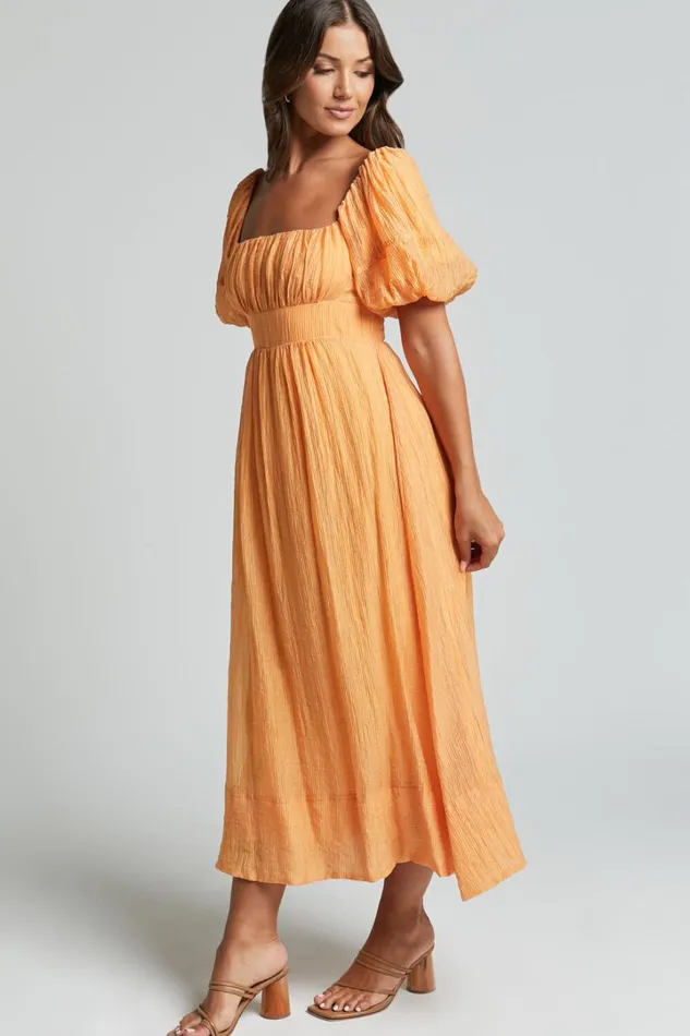 Roshina Midi Dress 8211 Straight Neck Puff Sleeve Dress In Orange Women Showpo Dresses