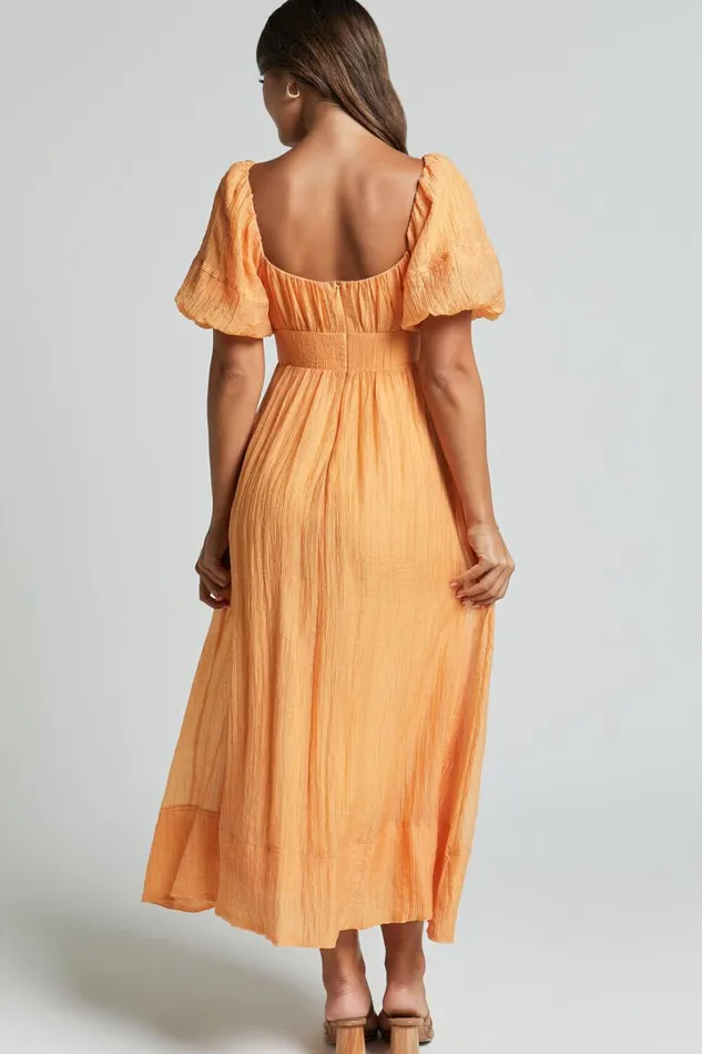 Roshina Midi Dress 8211 Straight Neck Puff Sleeve Dress In Orange Women Showpo Dresses