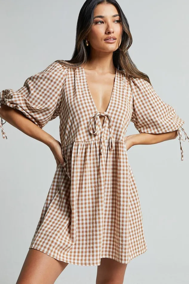 Rosita Mini Dress 8211 Tie Front Puff Sleeve Dress In Caramel and White Gingham Women Showpo Curve Clothes Rosita Mini Dress 8211 Tie Front Puff Sleeve Dress In Caramel and White Gingham Women Showpo Curve Clothes