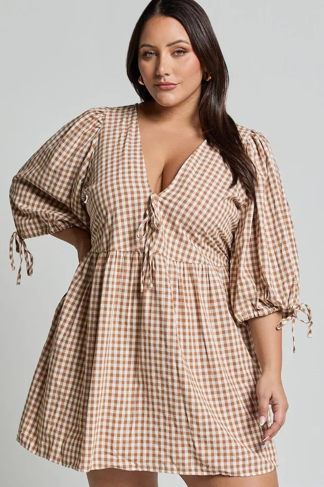 Rosita Mini Dress 8211 Tie Front Puff Sleeve Dress In Caramel and White Gingham Women Showpo Curve Clothes