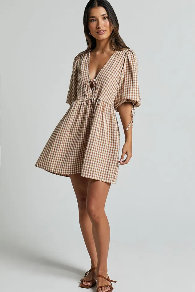 Rosita Mini Dress 8211 Tie Front Puff Sleeve Dress In Caramel and White Gingham Women Showpo Curve Clothes