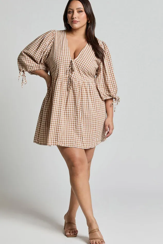 Rosita Mini Dress 8211 Tie Front Puff Sleeve Dress In Caramel and White Gingham Women Showpo Curve Clothes