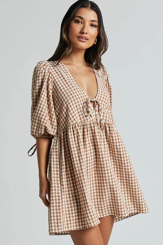 Rosita Mini Dress 8211 Tie Front Puff Sleeve Dress In Caramel and White Gingham Women Showpo Curve Clothes
