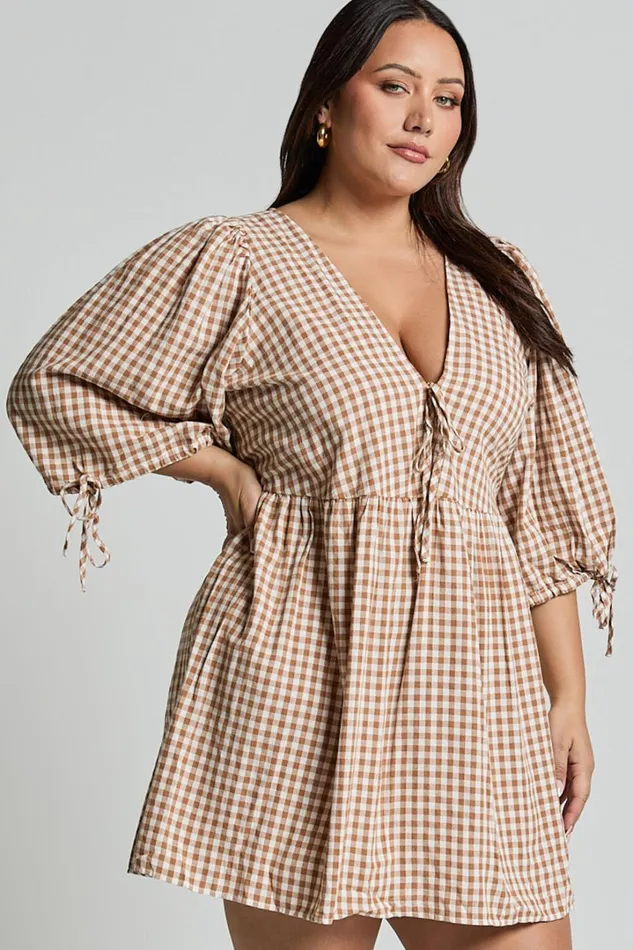 Rosita Mini Dress 8211 Tie Front Puff Sleeve Dress In Caramel and White Gingham Women Showpo Curve Clothes
