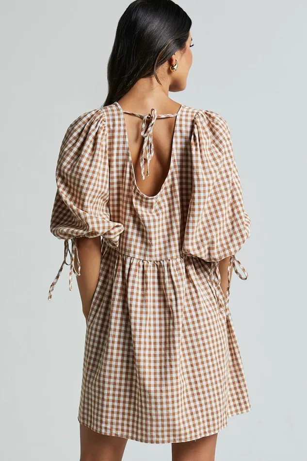 Rosita Mini Dress 8211 Tie Front Puff Sleeve Dress In Caramel and White Gingham Women Showpo Curve Clothes