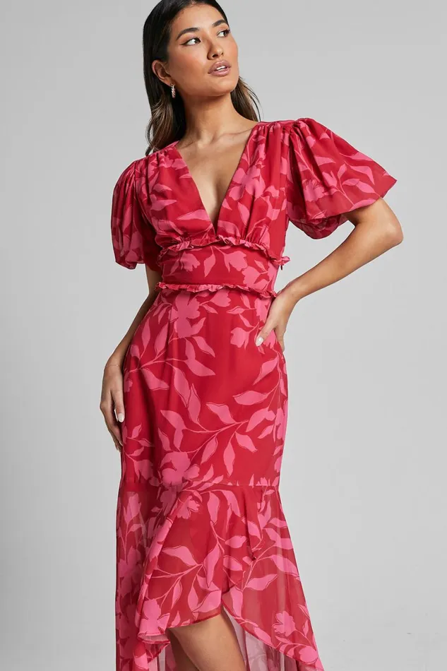 Rozannie Midi Dress 8211 V Neck Puff Sleeve Frill Hem Dress In Havana Silhouette Floral Women Showpo Dresses Rozannie Midi Dress 8211 V Neck Puff Sleeve Frill Hem Dress In Havana Silhouette Floral Women Showpo Dresses