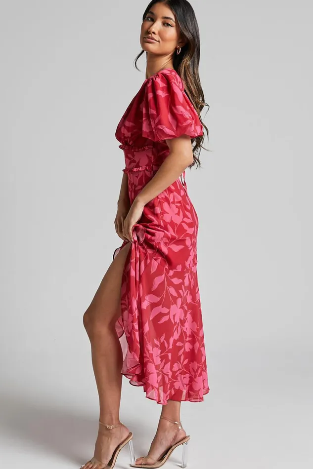 Rozannie Midi Dress 8211 V Neck Puff Sleeve Frill Hem Dress In Havana Silhouette Floral Women Showpo Dresses
