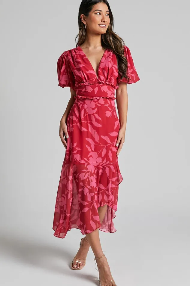 Rozannie Midi Dress 8211 V Neck Puff Sleeve Frill Hem Dress In Havana Silhouette Floral Women Showpo Dresses