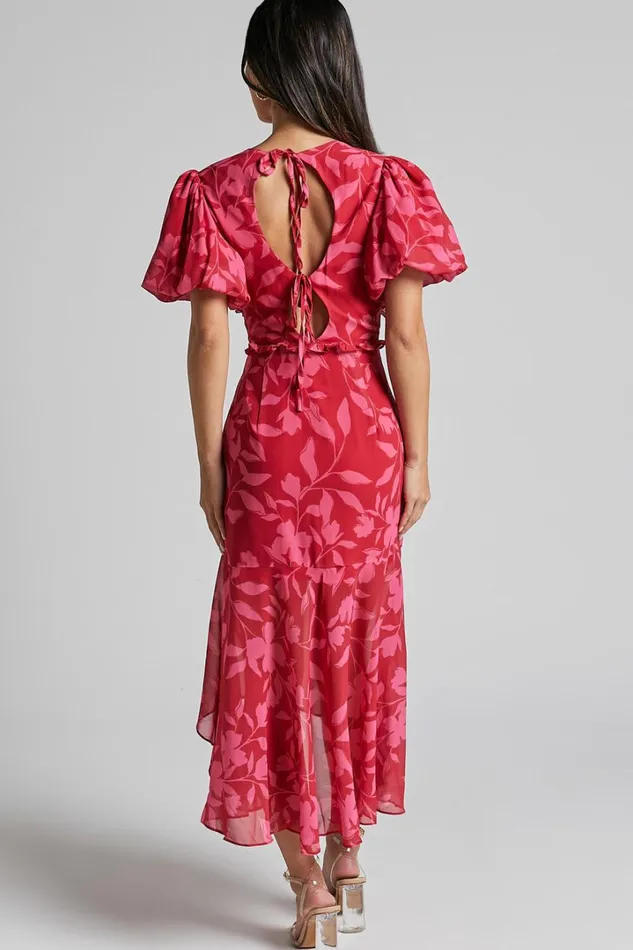 Rozannie Midi Dress 8211 V Neck Puff Sleeve Frill Hem Dress In Havana Silhouette Floral Women Showpo Dresses