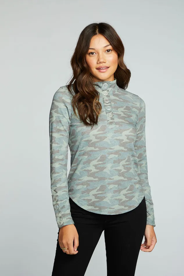 rPET Vintage Rib Long Sleeve Snap Detail Mock Neck Pullover Womens Tops Chaser Brand