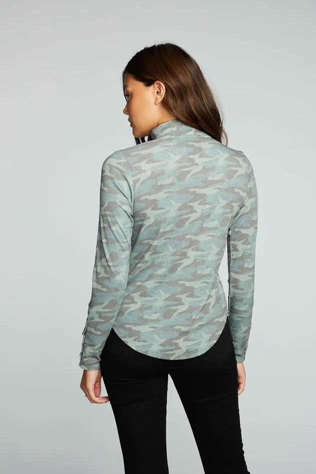 rPET Vintage Rib Long Sleeve Snap Detail Mock Neck Pullover Womens Tops Chaser Brand