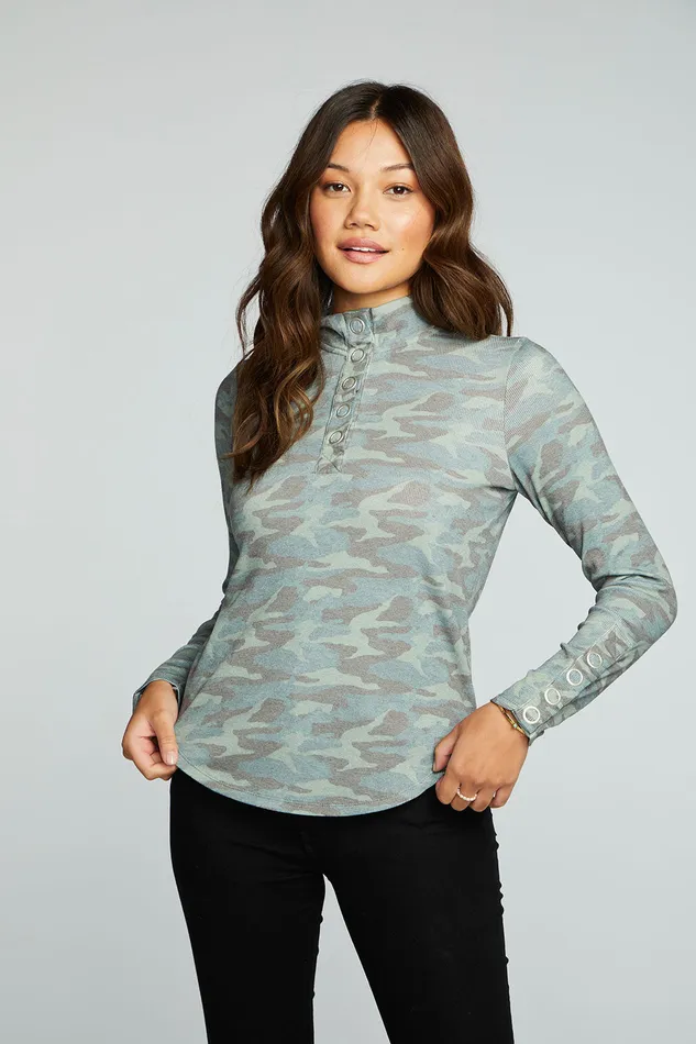 rPET Vintage Rib Long Sleeve Snap Detail Mock Neck Pullover Womens Tops Chaser Brand