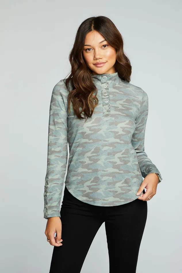 rPET Vintage Rib Long Sleeve Snap Detail Mock Neck Pullover Womens Tops Chaser Brand