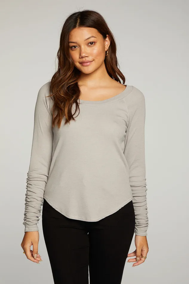 rPET Vintage Rib Shirred Long Sleeve Scoop Neck Shirttail Tee Tops Chaser Brand Womens