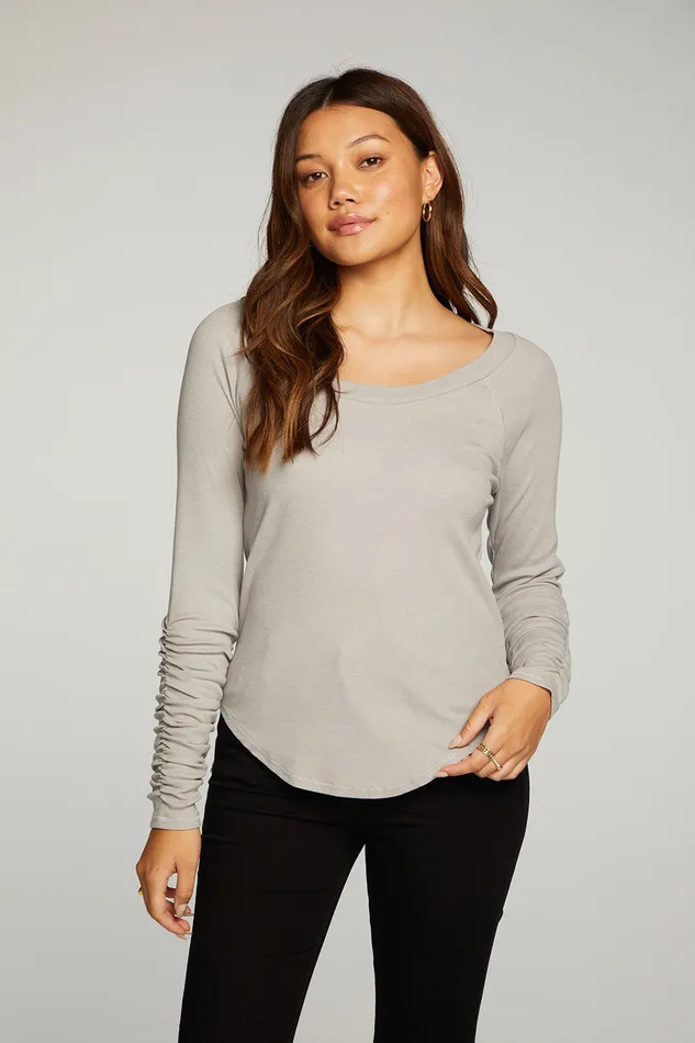 rPET Vintage Rib Shirred Long Sleeve Scoop Neck Shirttail Tee Tops Chaser Brand Womens