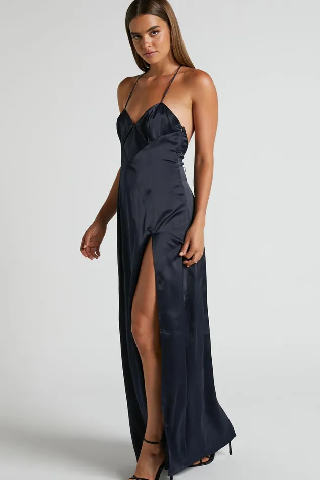 Sabattus Midi Dress 8211 Cut Out T Back Satin Dress In Navy Women Showpo Dresses