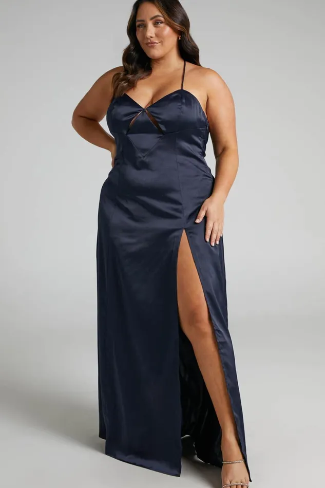 Sabattus Midi Dress 8211 Cut Out T Back Satin Dress In Navy Women Showpo Dresses