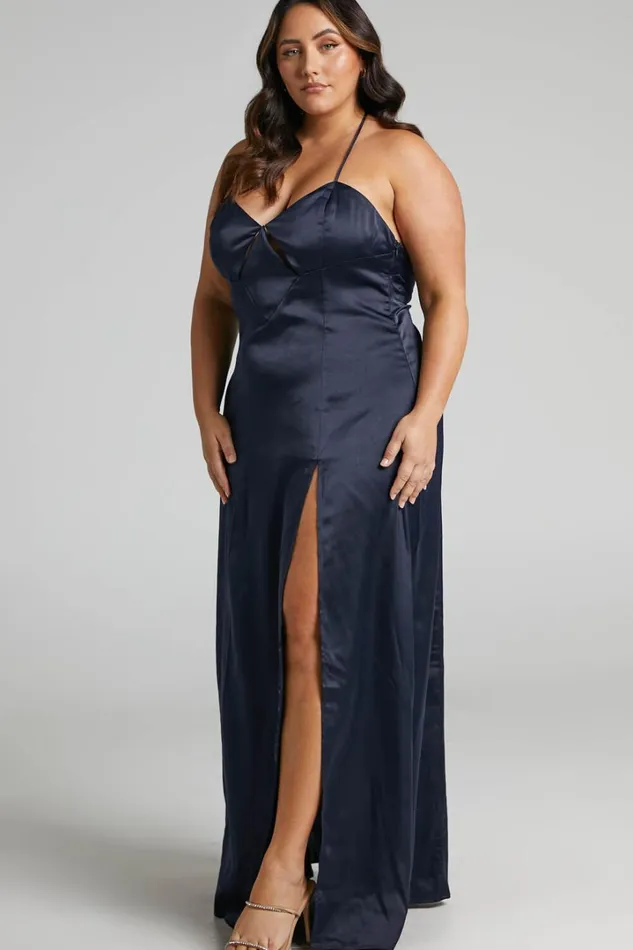 Sabattus Midi Dress 8211 Cut Out T Back Satin Dress In Navy Women Showpo Dresses
