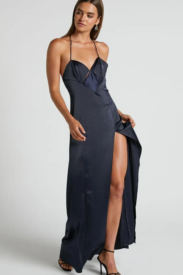Sabattus Midi Dress 8211 Cut Out T Back Satin Dress In Navy Women Showpo Dresses
