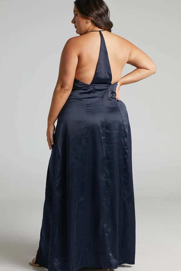 Sabattus Midi Dress 8211 Cut Out T Back Satin Dress In Navy Women Showpo Dresses