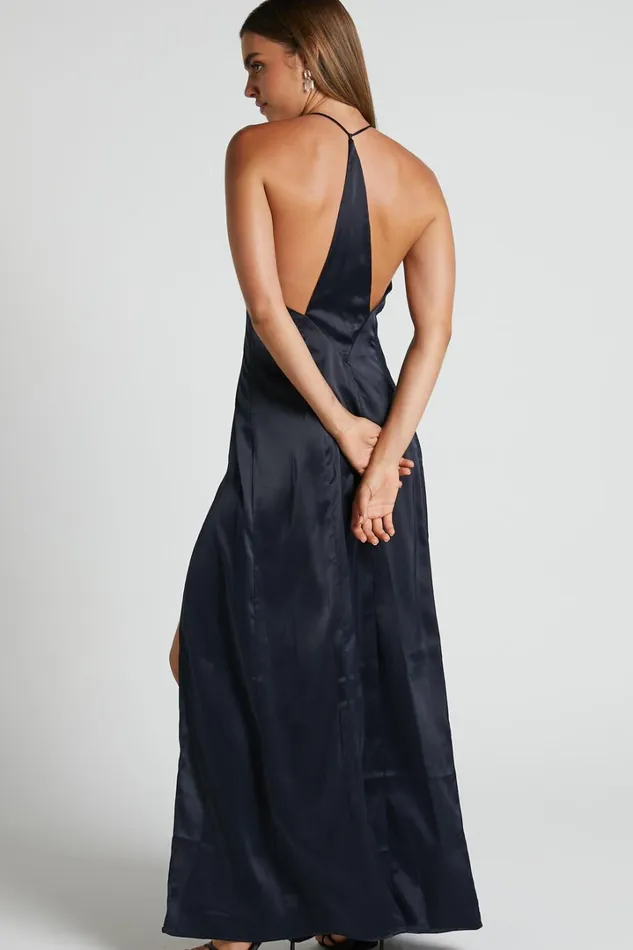 Sabattus Midi Dress 8211 Cut Out T Back Satin Dress In Navy Women Showpo Dresses