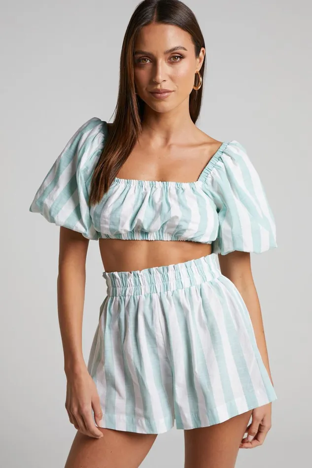 Sahle Top 8211 Striped Puff Sleeve Crop Top In Mint Women Showpo Tops