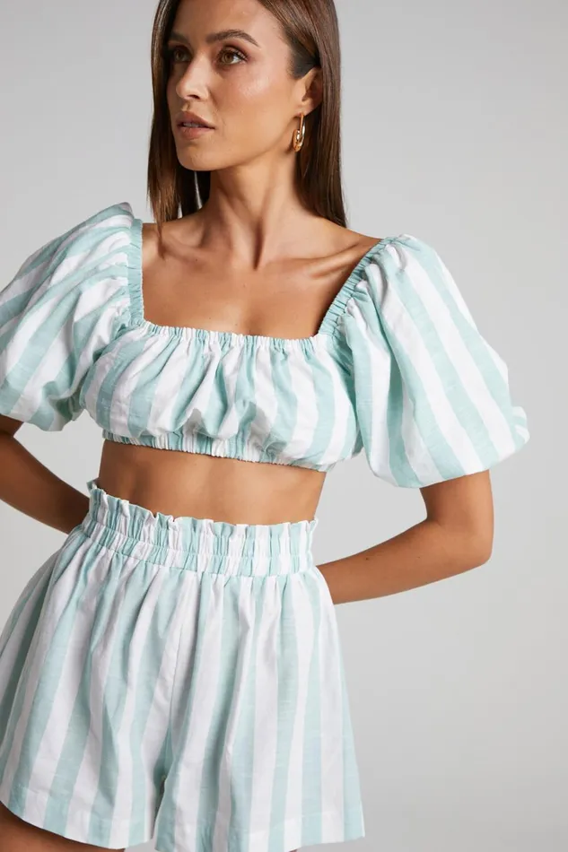 Sahle Top 8211 Striped Puff Sleeve Crop Top In Mint Women Showpo Tops