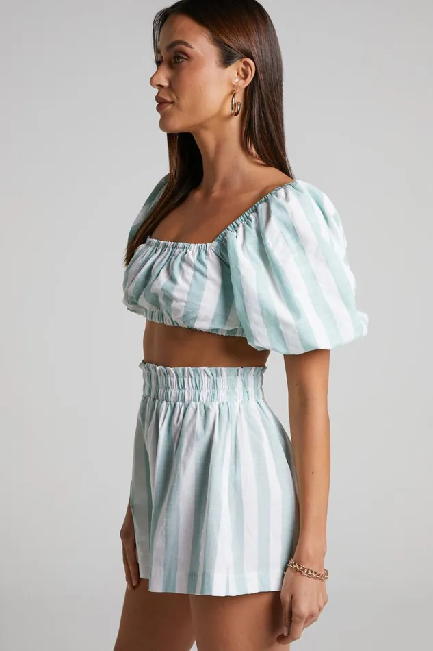 Sahle Top 8211 Striped Puff Sleeve Crop Top In Mint Women Showpo Tops