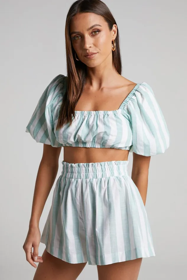 Sahle Top 8211 Striped Puff Sleeve Crop Top In Mint Women Showpo Tops