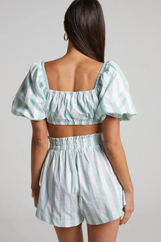 Sahle Top 8211 Striped Puff Sleeve Crop Top In Mint Women Showpo Tops