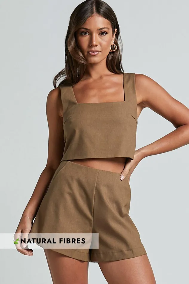 Salvador Two Piece Set 8211 Linen Look Sleeveless Crop Top And High Waisted Tailored Shorts In Olive Women Showpo Conscious Salvador Two Piece Set 8211 Linen Look Sleeveless Crop Top And High Waisted Tailored Shorts In Olive Women Showpo Conscious