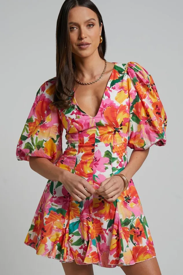 Shairah Mini Dress 8211 V Neck Puff Sleeve Flutter Hem Dress In In Bloom Women Showpo Dresses Shairah Mini Dress 8211 V Neck Puff Sleeve Flutter Hem Dress In In Bloom Women Showpo Dresses