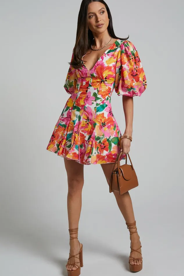 Shairah Mini Dress 8211 V Neck Puff Sleeve Flutter Hem Dress In In Bloom Women Showpo Dresses