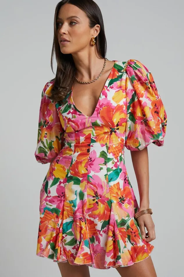 Shairah Mini Dress 8211 V Neck Puff Sleeve Flutter Hem Dress In In Bloom Women Showpo Dresses