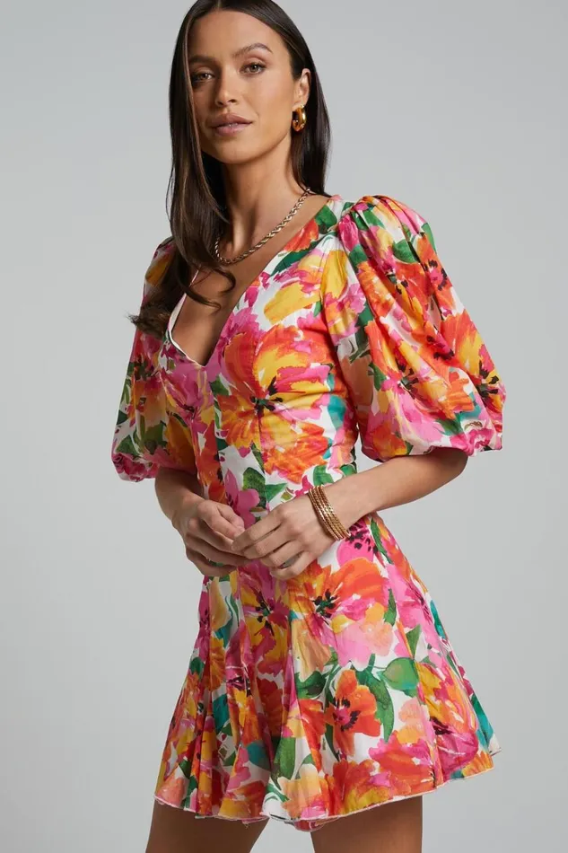 Shairah Mini Dress 8211 V Neck Puff Sleeve Flutter Hem Dress In In Bloom Women Showpo Dresses