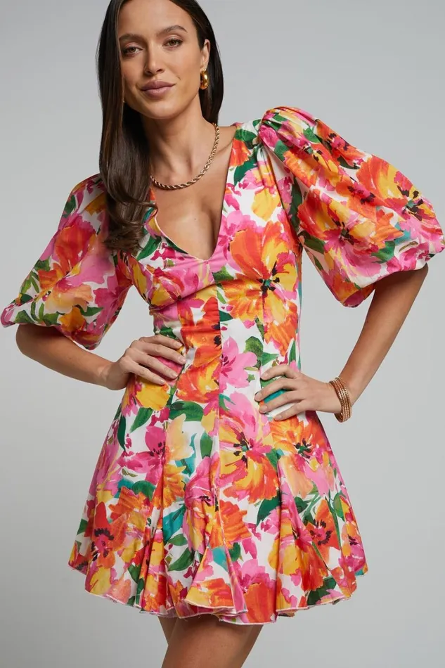 Shairah Mini Dress 8211 V Neck Puff Sleeve Flutter Hem Dress In In Bloom Women Showpo Dresses