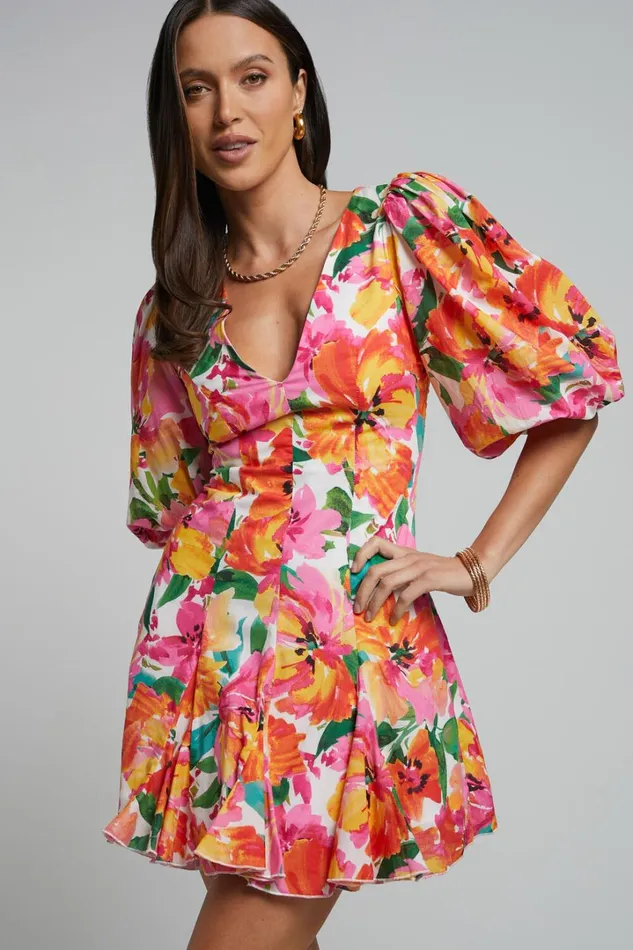 Shairah Mini Dress 8211 V Neck Puff Sleeve Flutter Hem Dress In In Bloom Women Showpo Dresses