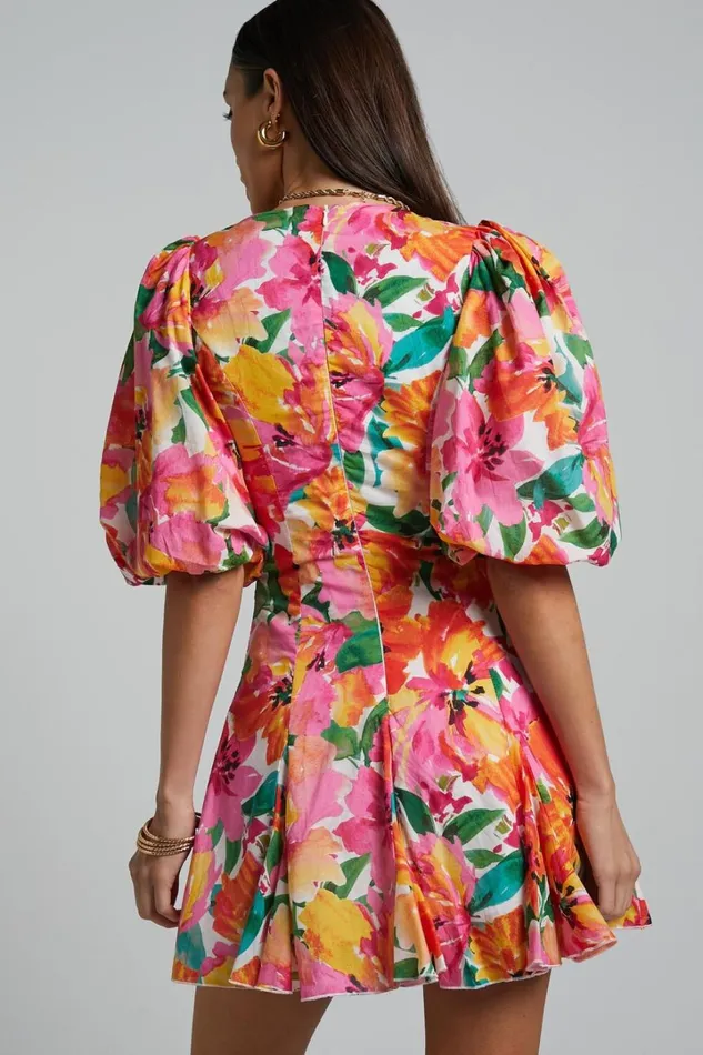 Shairah Mini Dress 8211 V Neck Puff Sleeve Flutter Hem Dress In In Bloom Women Showpo Dresses